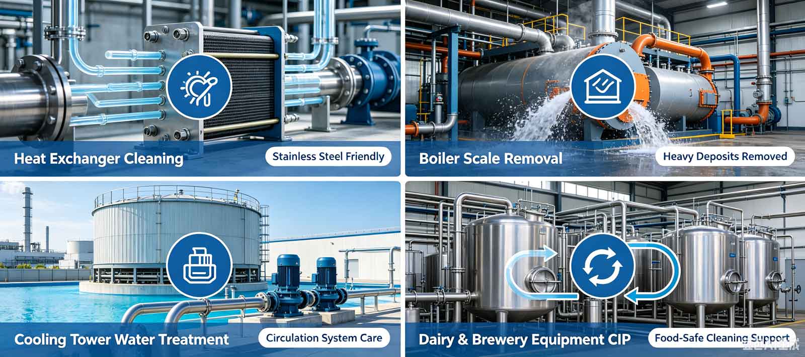 Applications of sulfamic acid in descaling boilers, heat exchangers, and cooling towers